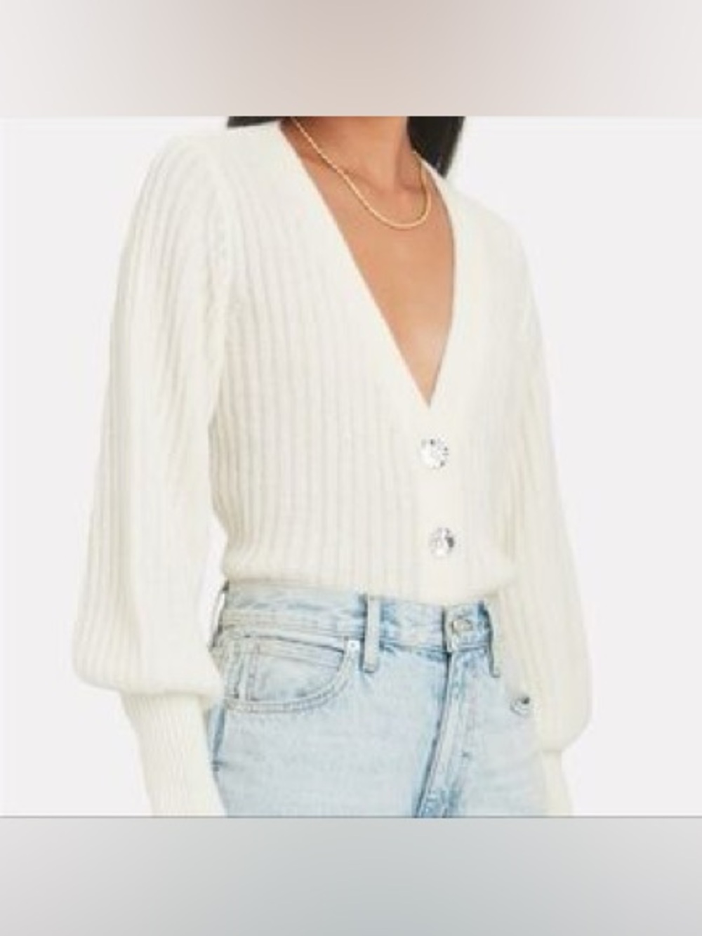 INTERMIX Ivory Ribbed V-Neck Sweater Cardigan with Statement Buttons